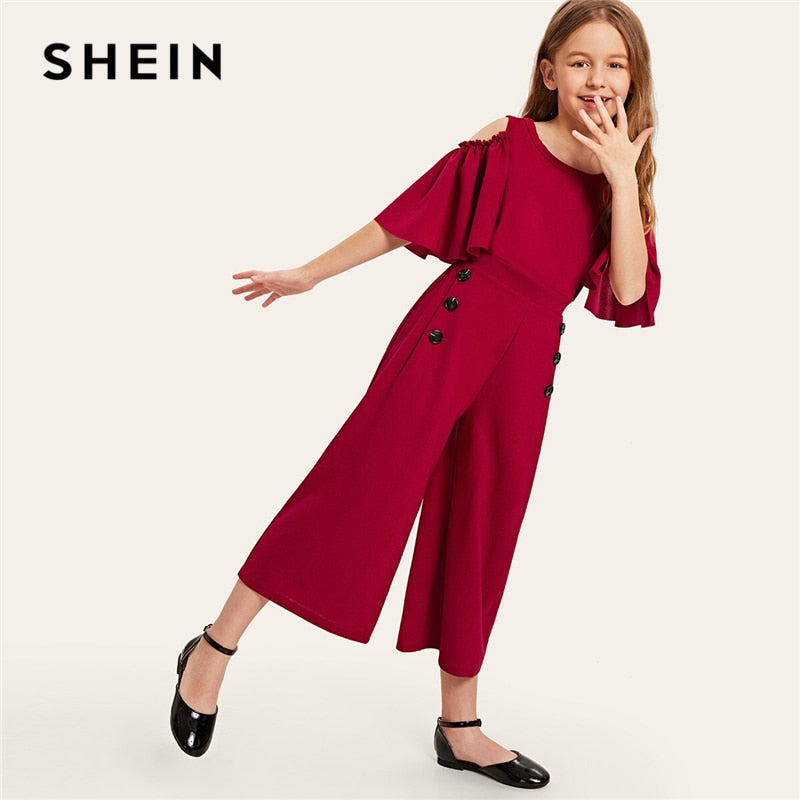 SHEIN Kiddie Solid Cold Shoulder Button Side Casual Girls Jumpsuit 2019