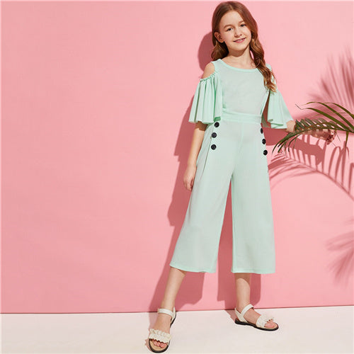 SHEIN Kiddie Solid Cold Shoulder Button Side Casual Girls Jumpsuit 2019