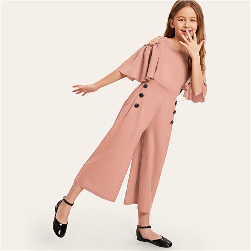 SHEIN Kiddie Solid Cold Shoulder Button Side Casual Girls Jumpsuit 2019