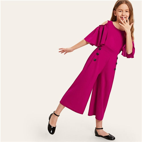 SHEIN Kiddie Solid Cold Shoulder Button Side Casual Girls Jumpsuit 2019