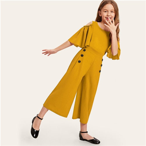 SHEIN Kiddie Solid Cold Shoulder Button Side Casual Girls Jumpsuit 2019
