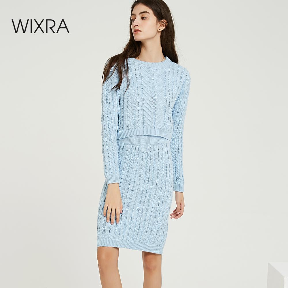 Wixra Autumn Winter Knitted Women's Sets O Neck Long Sleeve Short Sweaters Knee-Length Skirts Solid Sets For Ladies