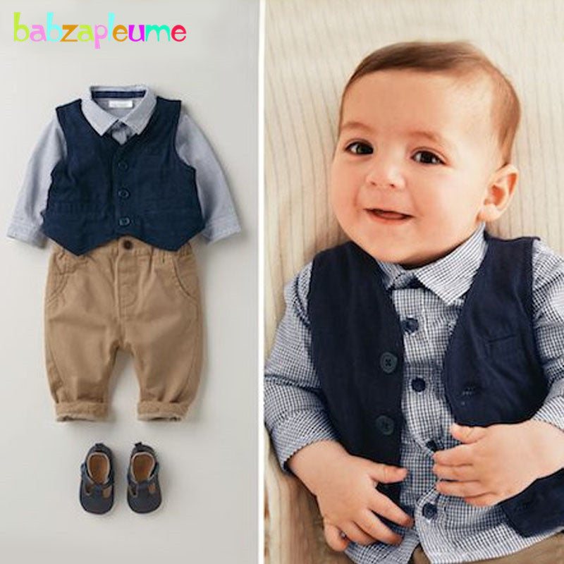 Spring Autumn Newborn Baby Boys Clothes Gentleman Suit Vest+Plaid T-shirt+Pants