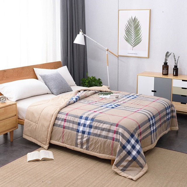 Summer Washed Cotton Air-conditioning Quilt Soft Breathable Blanket Thin Stripe Plaid Comforter Bed Cover