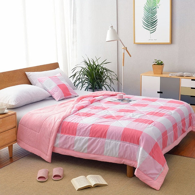 Summer Washed Cotton Air-conditioning Quilt Soft Breathable Blanket Thin Stripe Plaid Comforter Bed Cover