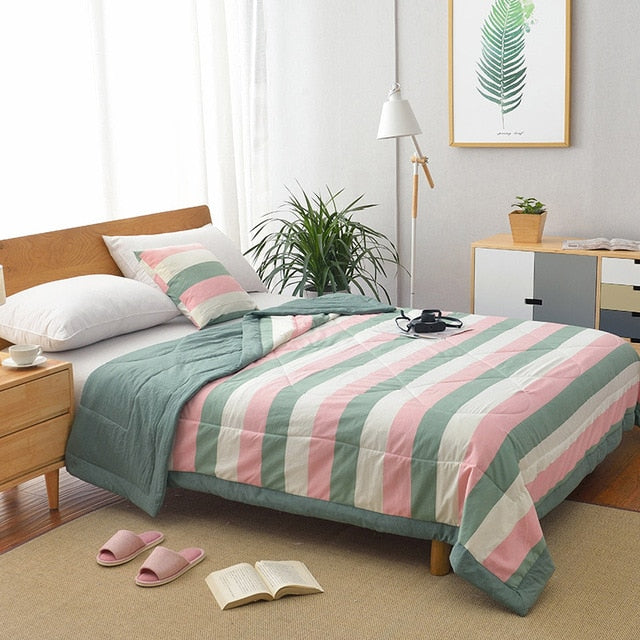 Summer Washed Cotton Air-conditioning Quilt Soft Breathable Blanket Thin Stripe Plaid Comforter Bed Cover