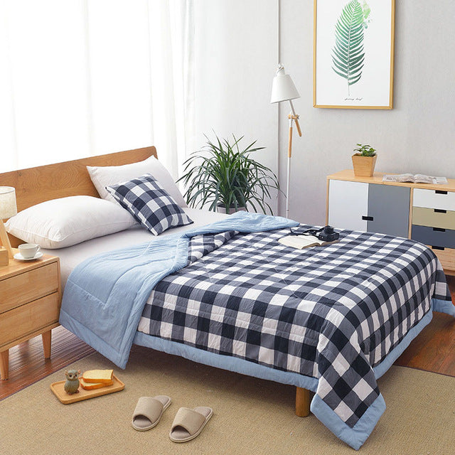 Summer Washed Cotton Air-conditioning Quilt Soft Breathable Blanket Thin Stripe Plaid Comforter Bed Cover