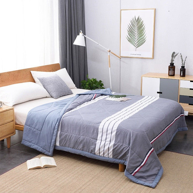 Summer Washed Cotton Air-conditioning Quilt Soft Breathable Blanket Thin Stripe Plaid Comforter Bed Cover