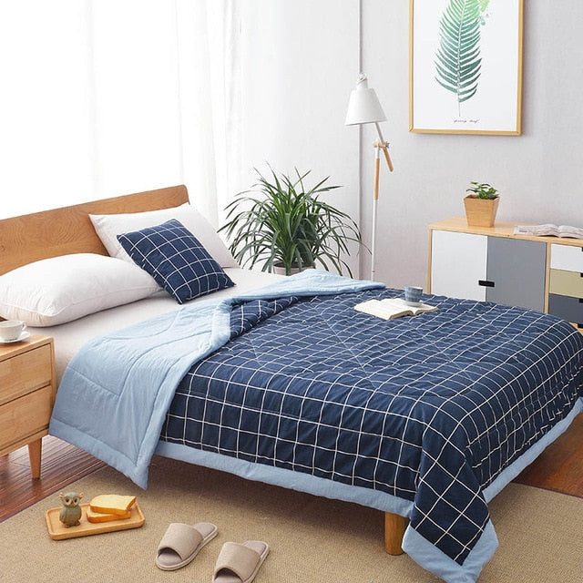 Summer Washed Cotton Air-conditioning Quilt Soft Breathable Blanket Thin Stripe Plaid Comforter Bed Cover