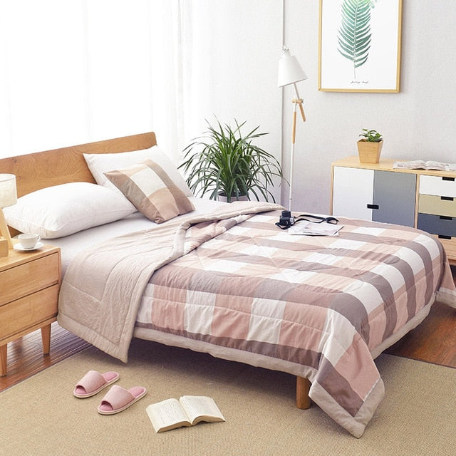 Summer Washed Cotton Air-conditioning Quilt Soft Breathable Blanket Thin Stripe Plaid Comforter Bed Cover