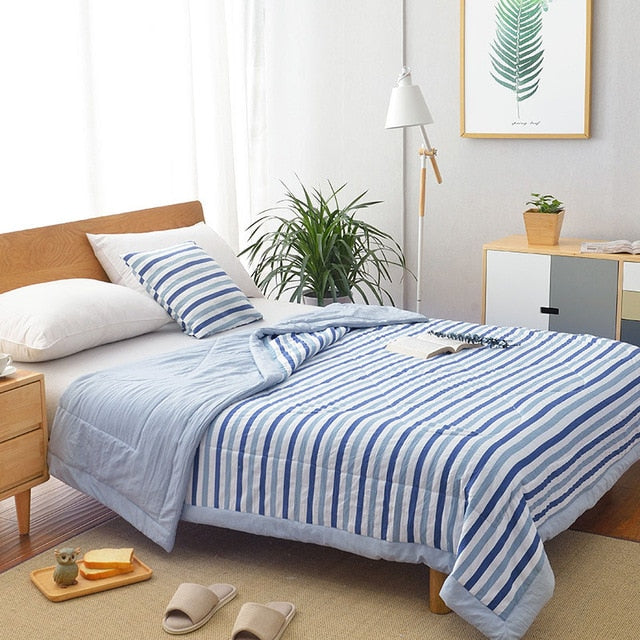 Summer Washed Cotton Air-conditioning Quilt Soft Breathable Blanket Thin Stripe Plaid Comforter Bed Cover