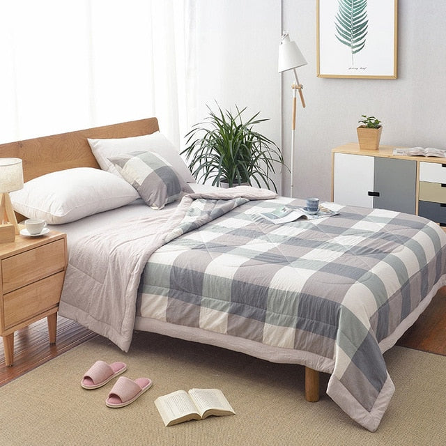 Summer Washed Cotton Air-conditioning Quilt Soft Breathable Blanket Thin Stripe Plaid Comforter Bed Cover