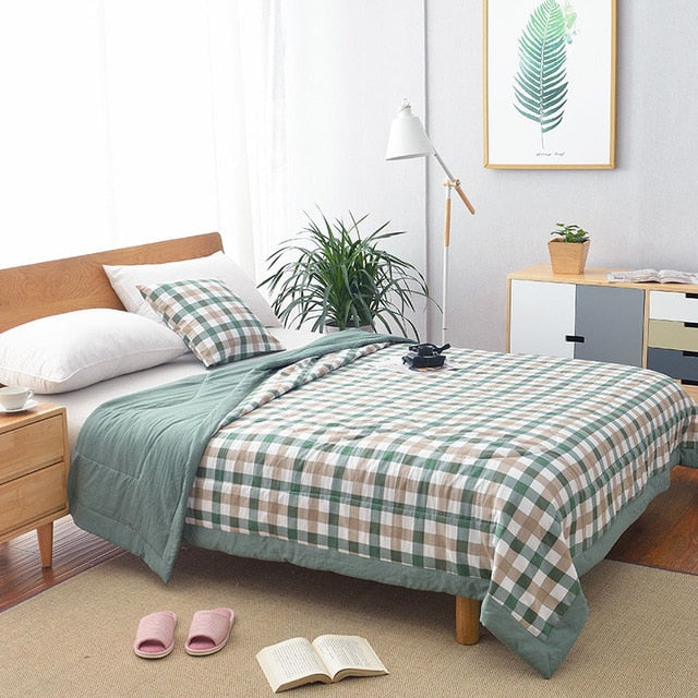 Summer Washed Cotton Air-conditioning Quilt Soft Breathable Blanket Thin Stripe Plaid Comforter Bed Cover