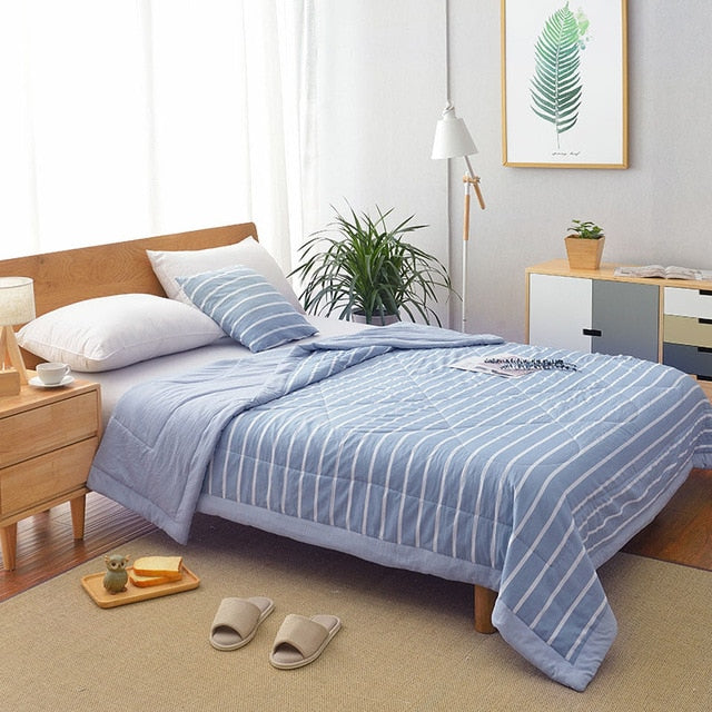 Summer Washed Cotton Air-conditioning Quilt Soft Breathable Blanket Thin Stripe Plaid Comforter Bed Cover