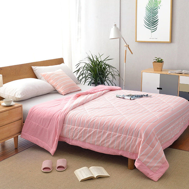 Summer Washed Cotton Air-conditioning Quilt Soft Breathable Blanket Thin Stripe Plaid Comforter Bed Cover