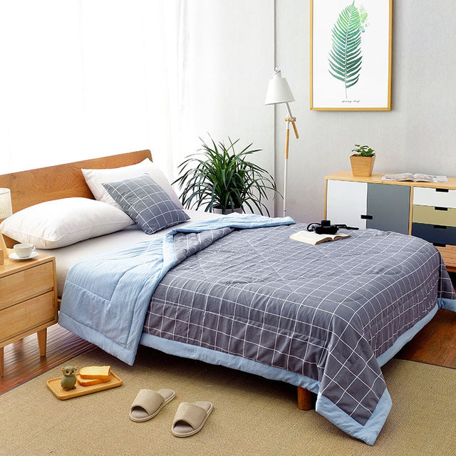 Summer Washed Cotton Air-conditioning Quilt Soft Breathable Blanket Thin Stripe Plaid Comforter Bed Cover