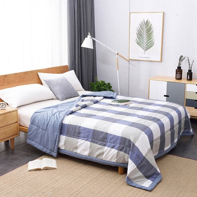 Summer Washed Cotton Air-conditioning Quilt Soft Breathable Blanket Thin Stripe Plaid Comforter Bed Cover